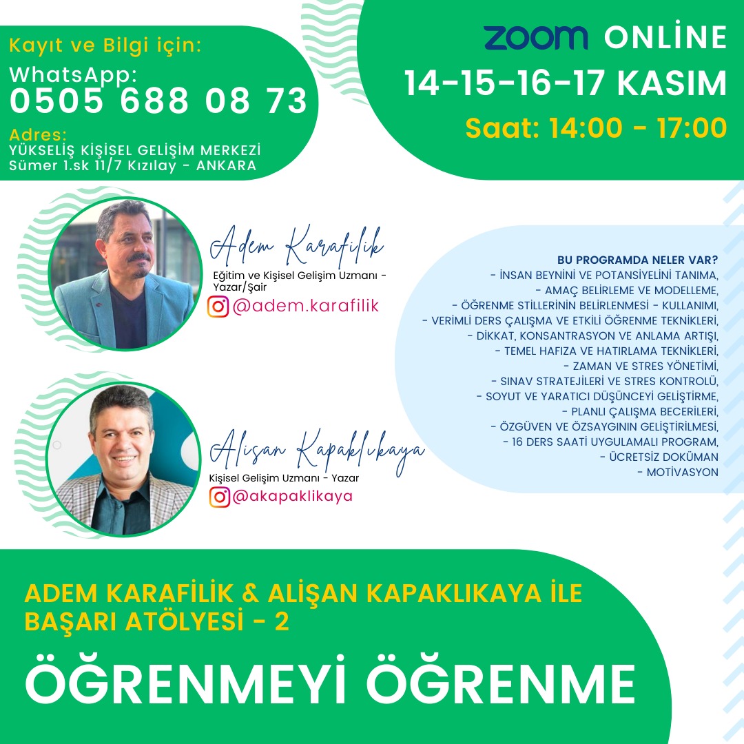 Online Adem Karafilik ile Alişan Kapaklıkaya Başarı Atölyesi Öğrenmeyi Öğrenme